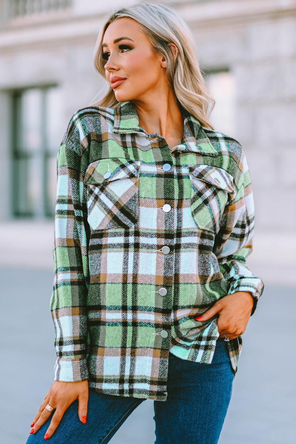 Geometric Plaid Print Pocketed Shacket