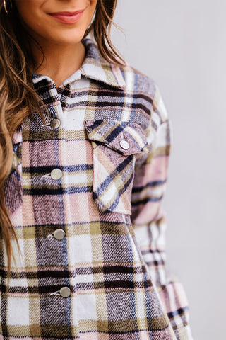 Geometric Plaid Print Pocketed Shacket