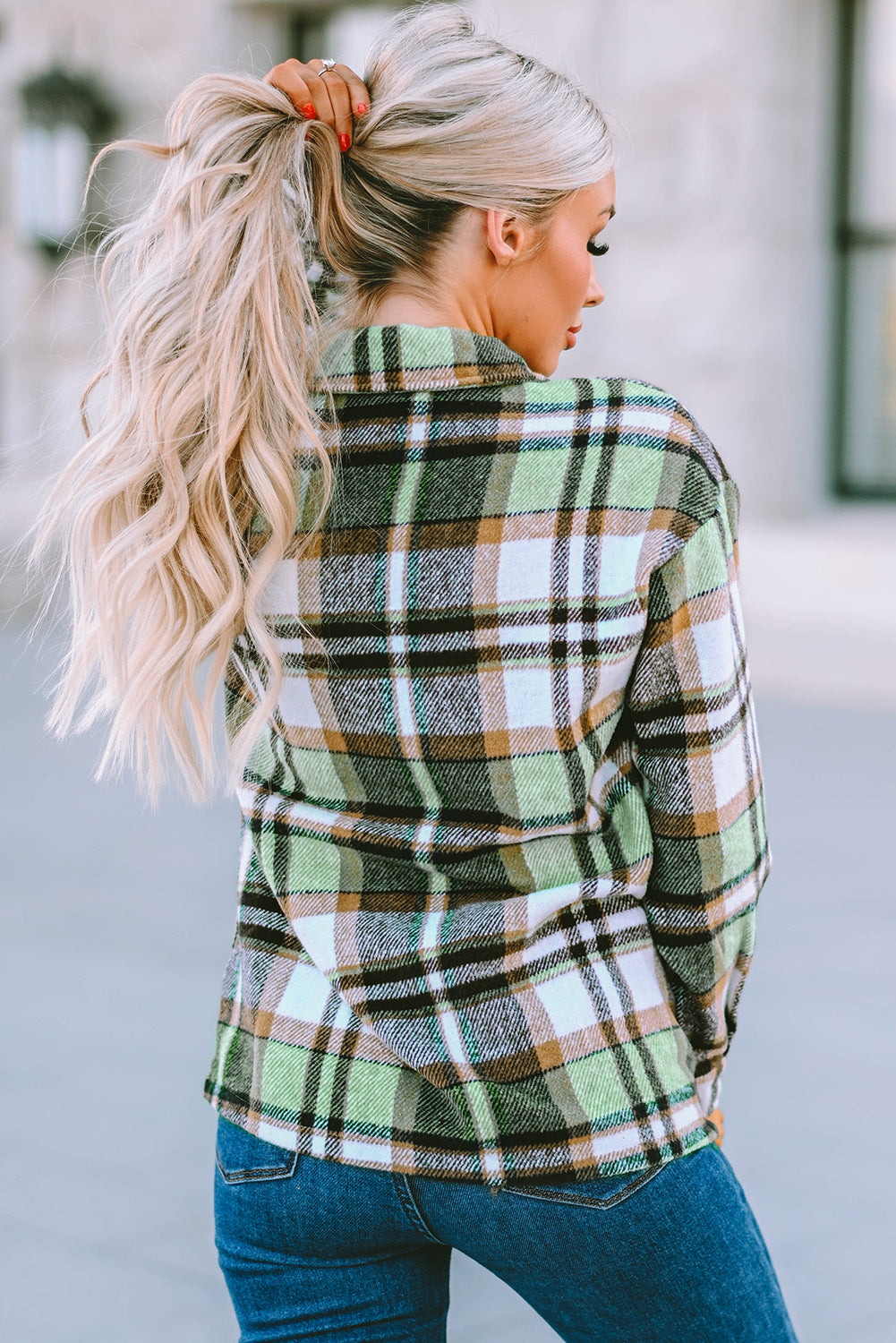 Geometric Plaid Print Pocketed Shacket