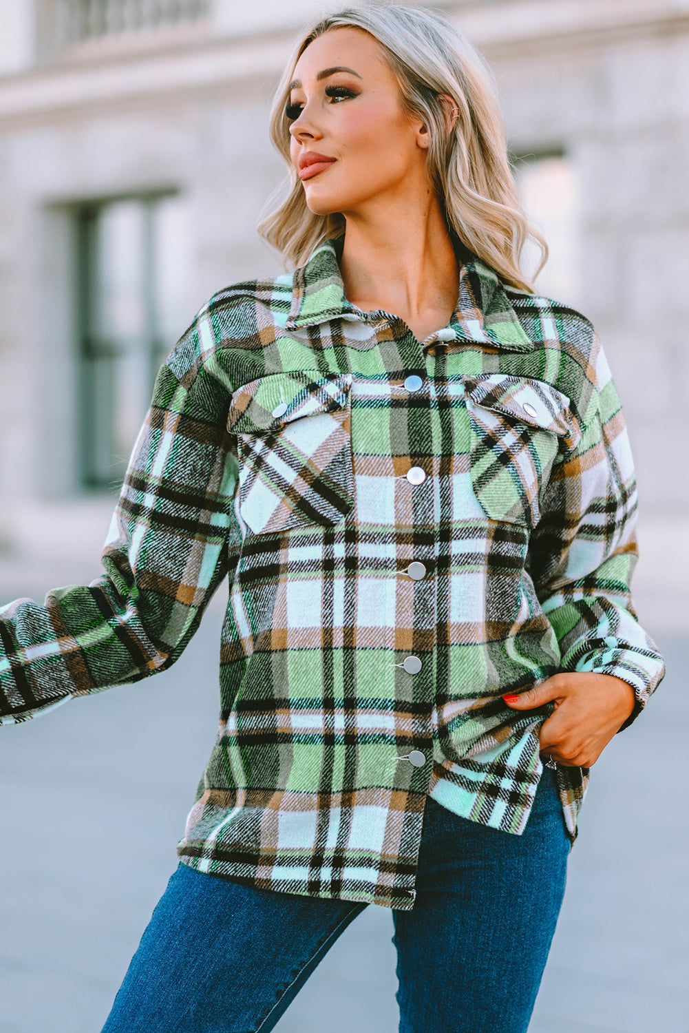 Geometric Plaid Print Pocketed Shacket