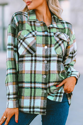 Geometric Plaid Print Pocketed Shacket