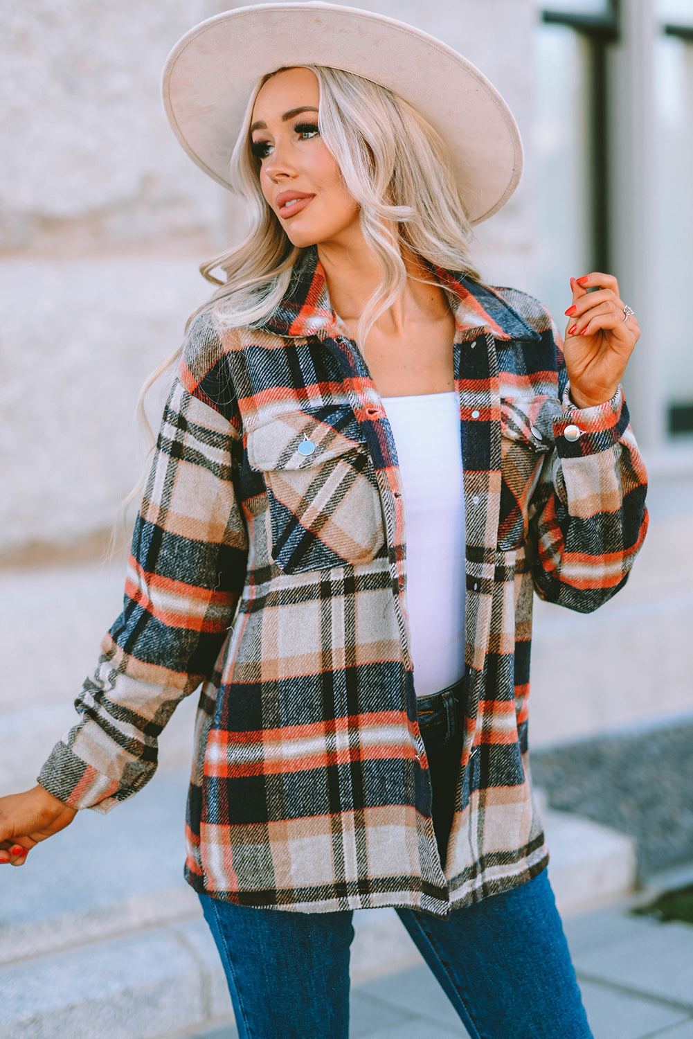 Geometric Plaid Print Pocketed Shacket