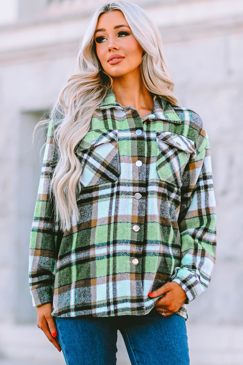 Geometric Plaid Print Pocketed Shacket