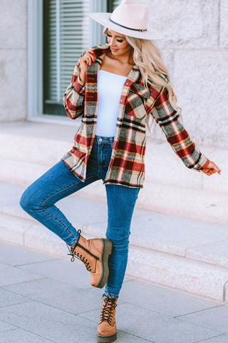 Geometric Plaid Print Pocketed Shacket