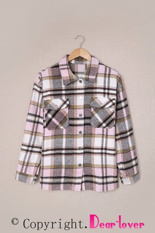 Geometric Plaid Print Pocketed Shacket