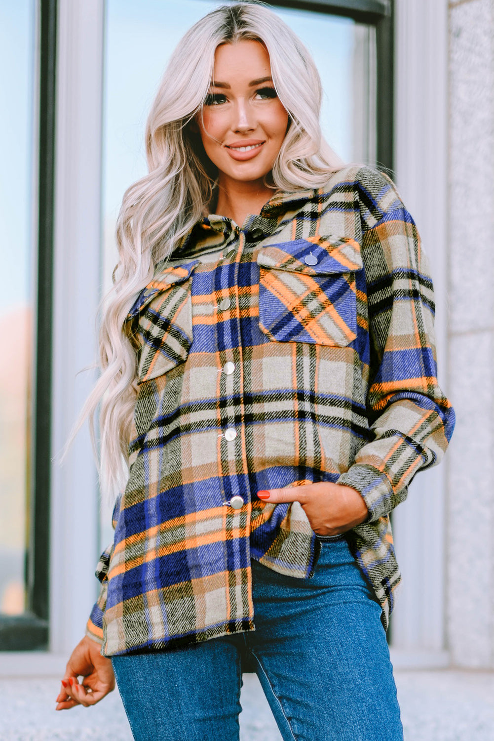 Geometric Plaid Print Pocketed Shacket