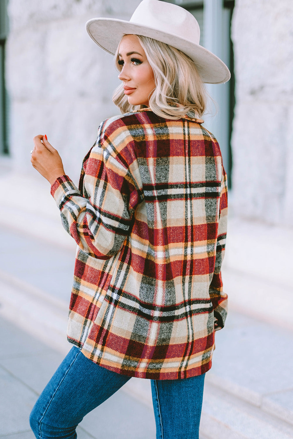 Geometric Plaid Print Pocketed Shacket