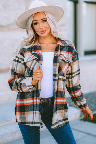 Geometric Plaid Print Pocketed Shacket