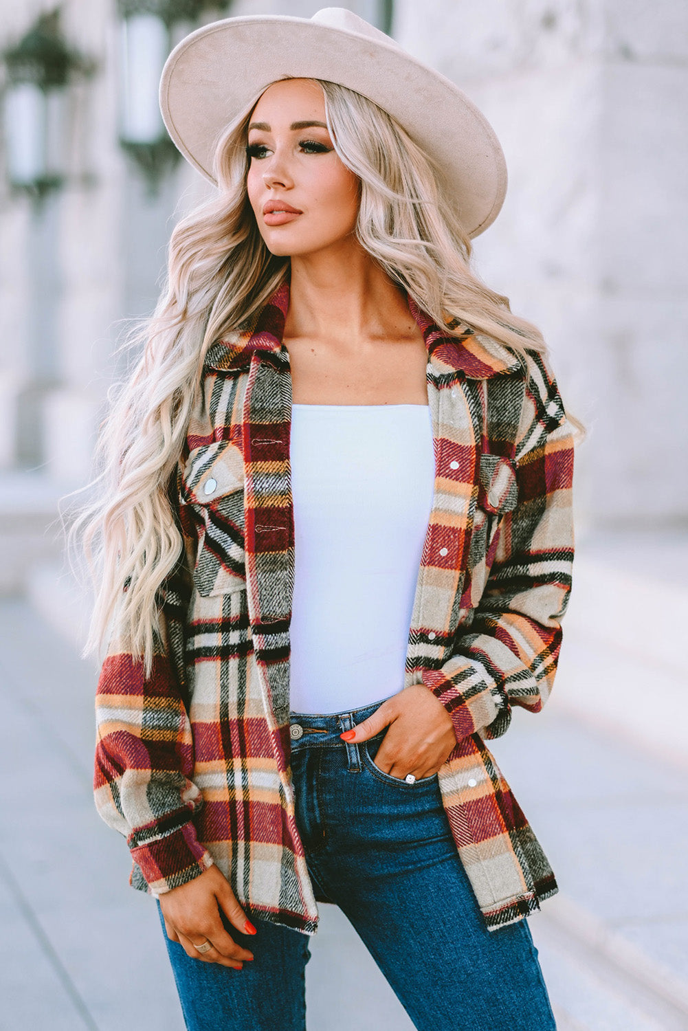 Geometric Plaid Print Pocketed Shacket