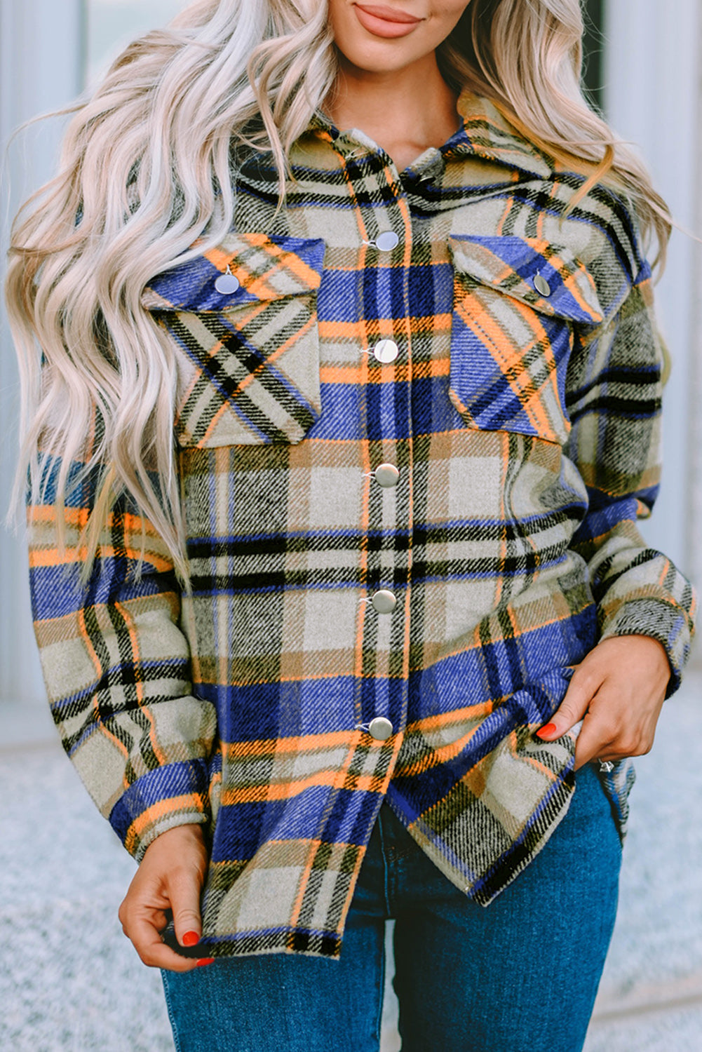 Geometric Plaid Print Pocketed Shacket