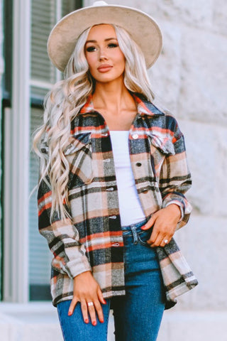 Geometric Plaid Print Pocketed Shacket