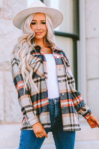 Geometric Plaid Print Pocketed Shacket