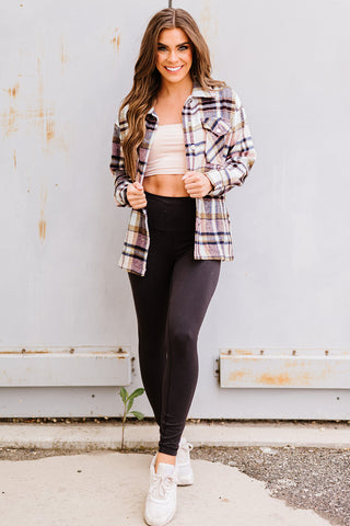 Geometric Plaid Print Pocketed Shacket