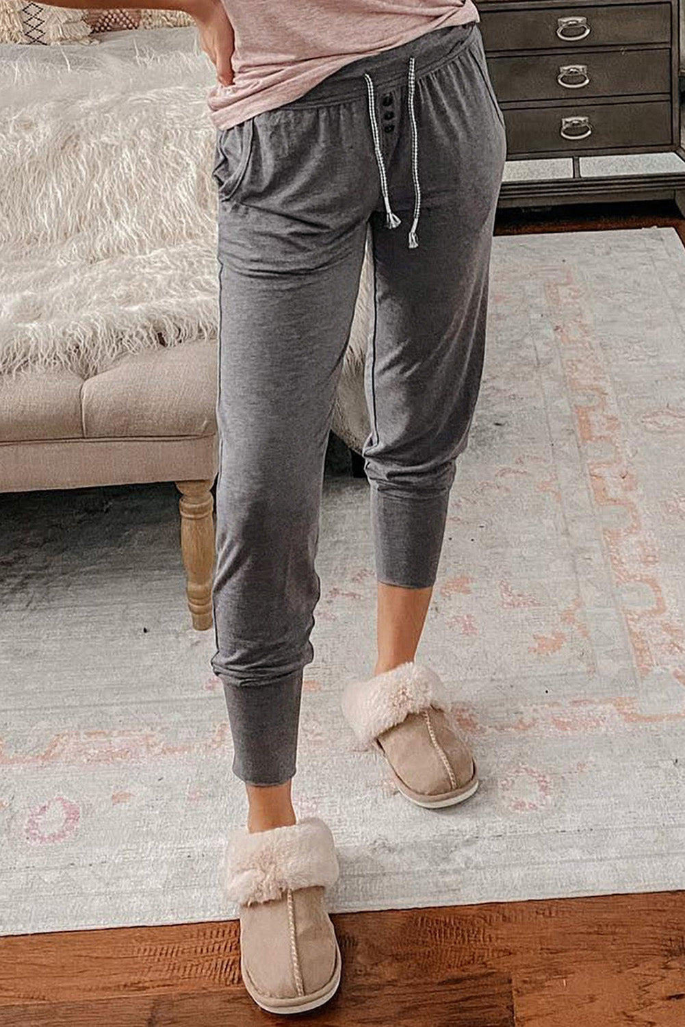 Gray Buttoned Drawstring High Waist Jogger Pants