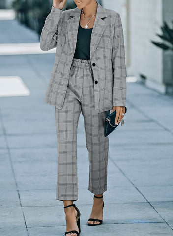 Gray Lapel Button Plaid Blazer