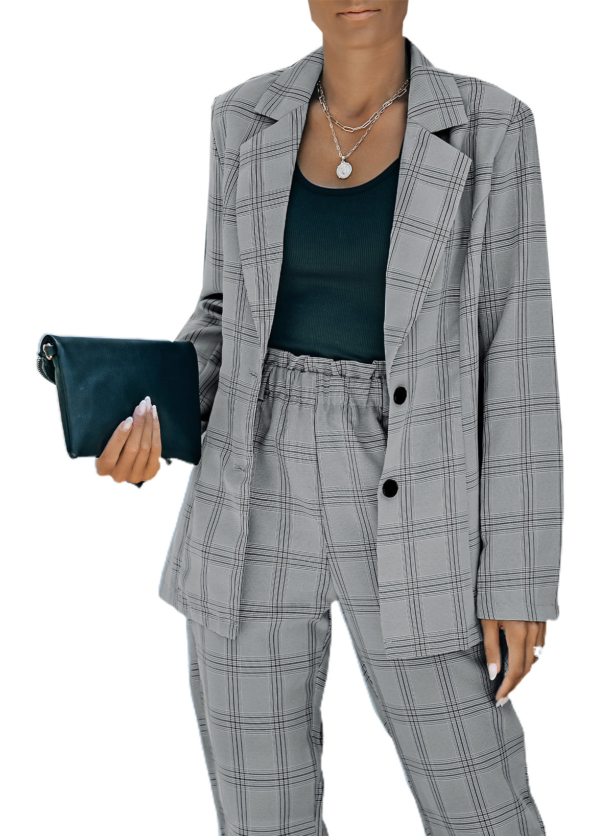 Gray Lapel Button Plaid Blazer