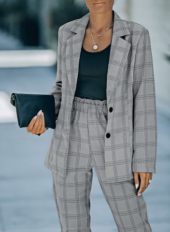 Gray Lapel Button Plaid Blazer