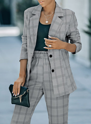 Gray Lapel Button Plaid Blazer