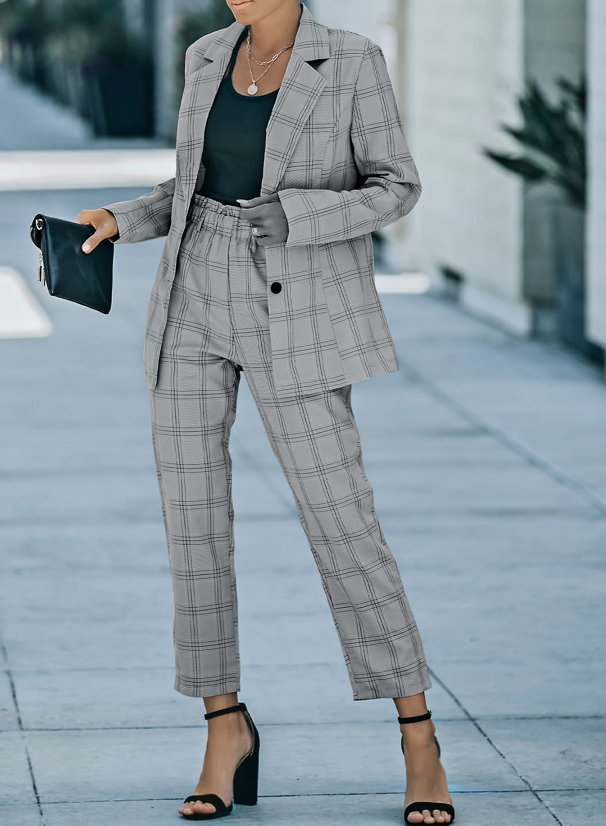 Gray Lapel Button Plaid Blazer