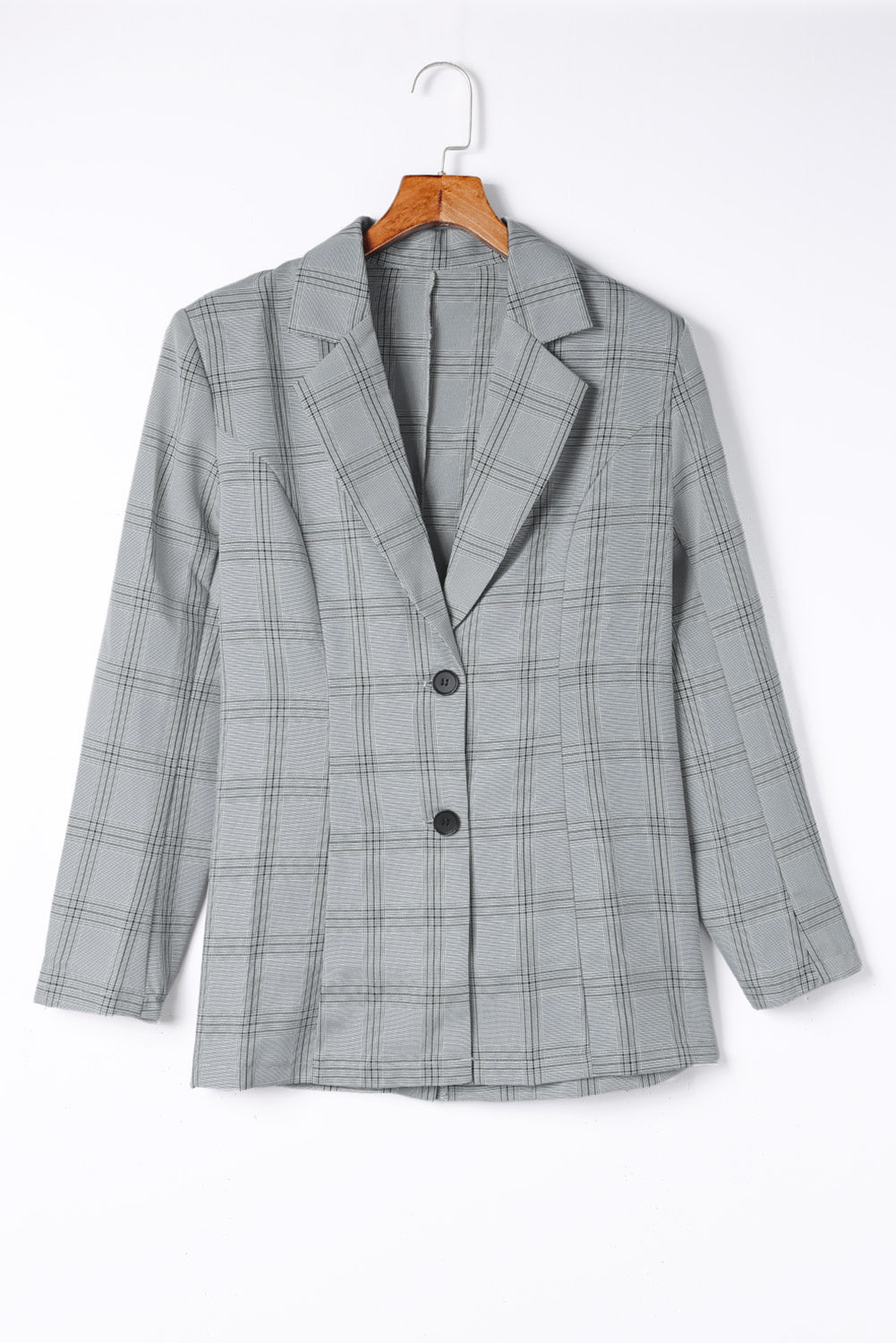 Gray Lapel Button Plaid Blazer