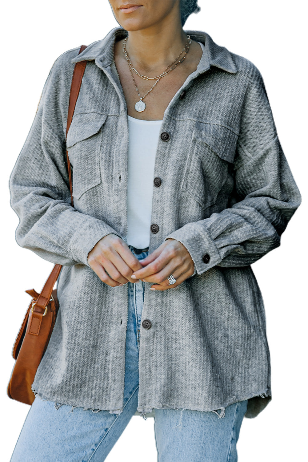 Gray Textured Button Down Shirt Jacket With Pockets
