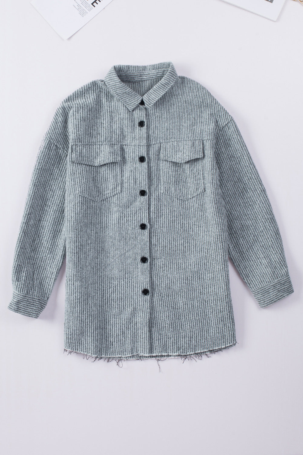 Gray Textured Button Down Shirt Jacket With Pockets