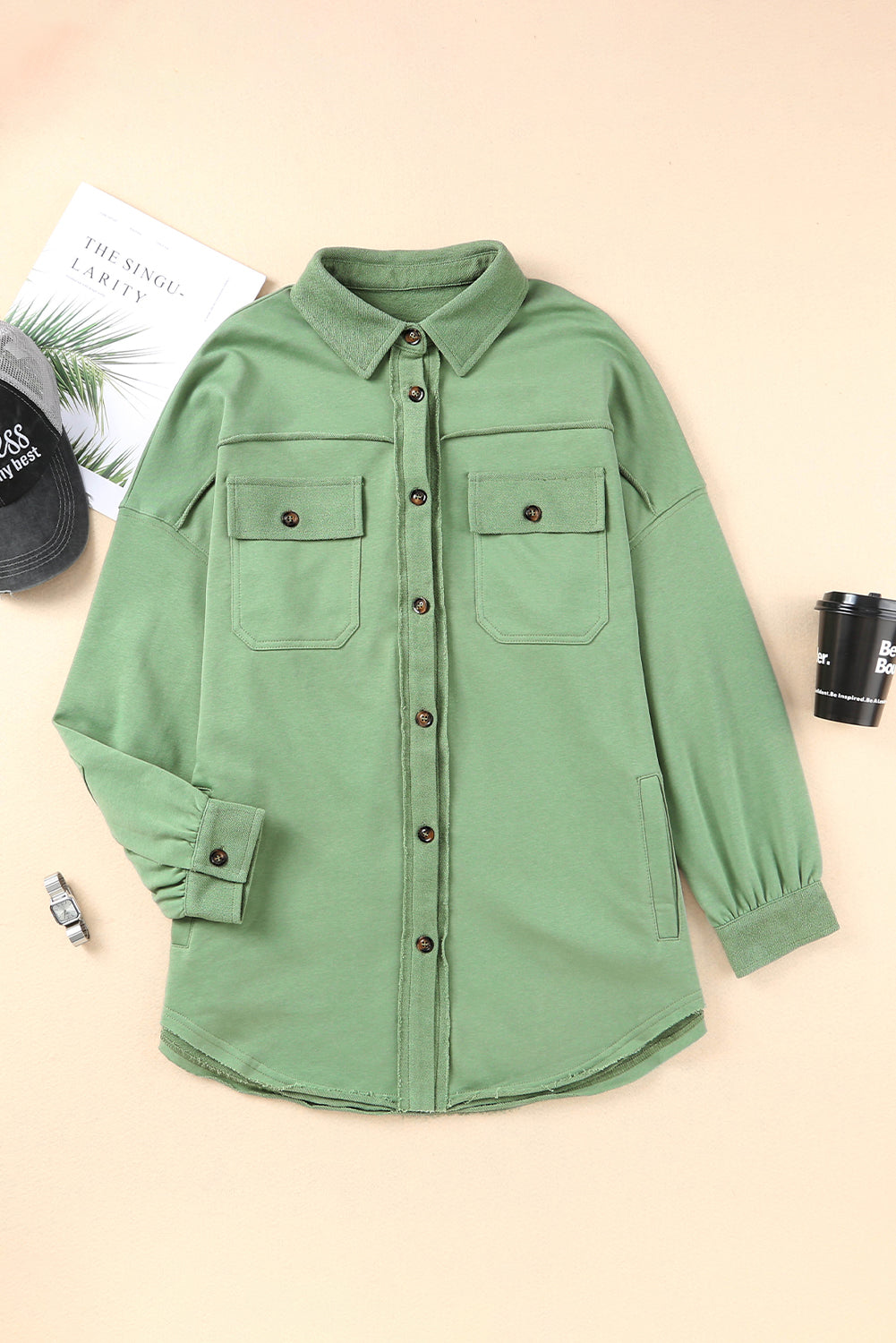 Green Buttoned Long Sleeve Pocketed Shirt Jacket