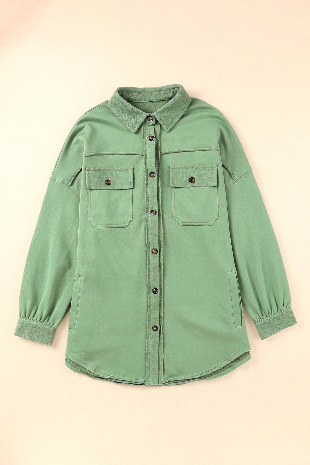 Green Buttoned Long Sleeve Pocketed Shirt Jacket