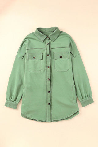 Green Buttoned Long Sleeve Pocketed Shirt Jacket