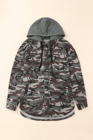 Green Camo Print Button Up Hooded Jacket