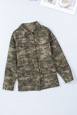 Green Camo Print Multi Pockets Button-Up Jacket