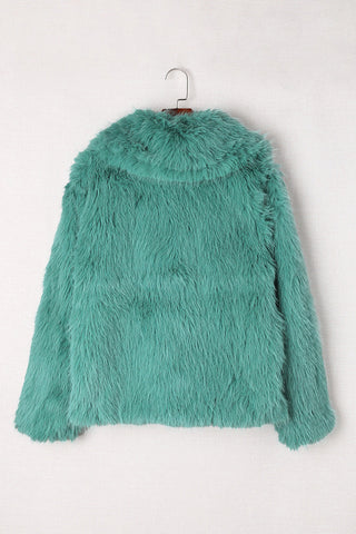 Green Collared Side Pockets Winter Fuzzy Coat