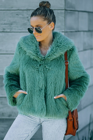 Green Collared Side Pockets Winter Fuzzy Coat