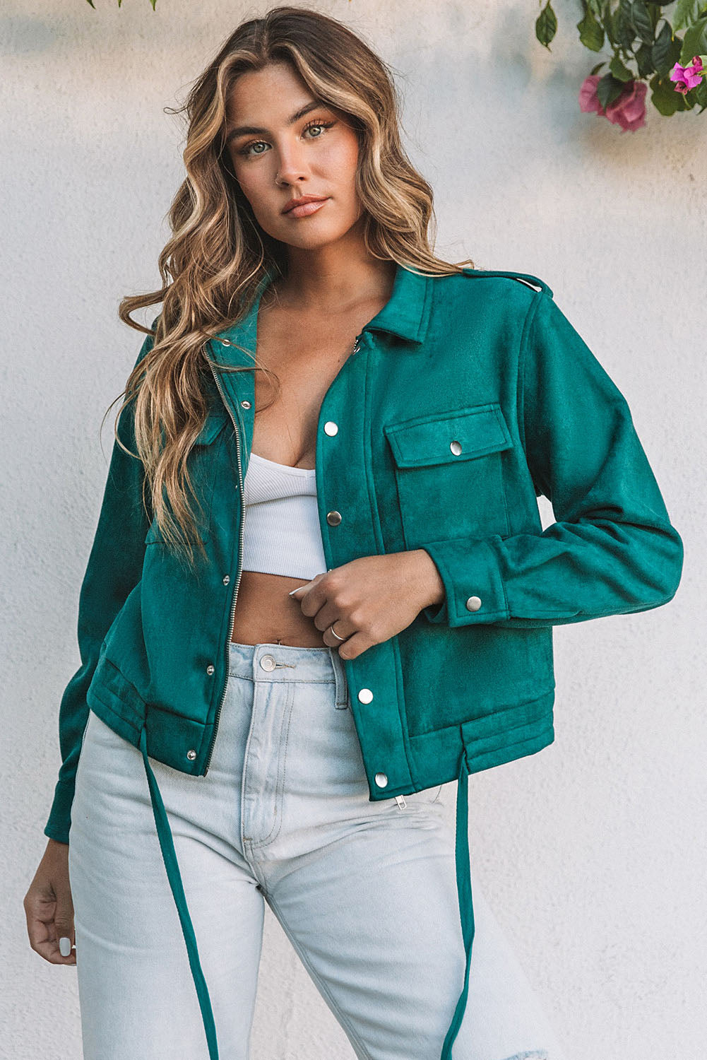 Green Faux Suede Button Down Cropped Jacket