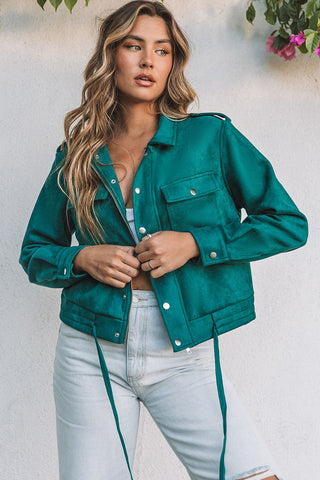 Green Faux Suede Button Down Cropped Jacket