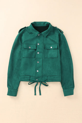 Green Faux Suede Button Down Cropped Jacket