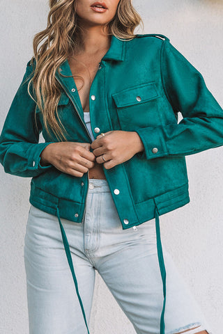 Green Faux Suede Button Down Cropped Jacket