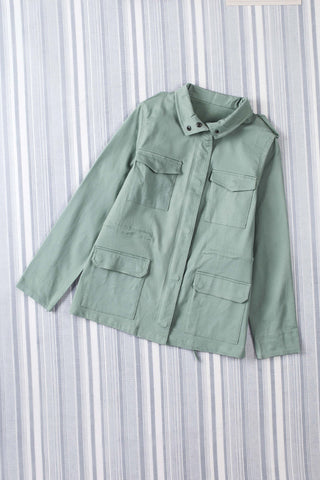 Green Four Pockets Zipper Closure Jacket