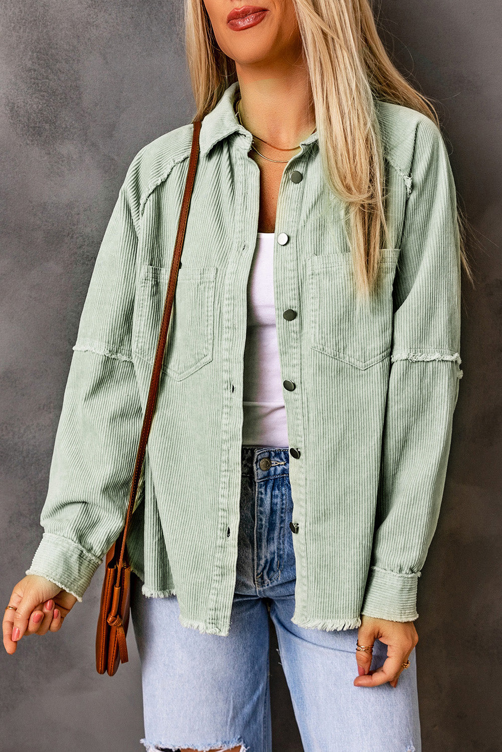 Green Frayed Boyfriend Corduroy Shacket