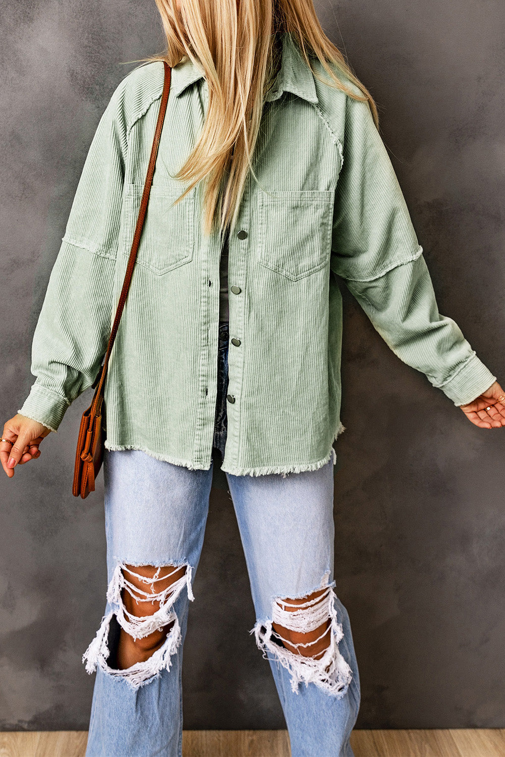 Green Frayed Boyfriend Corduroy Shacket