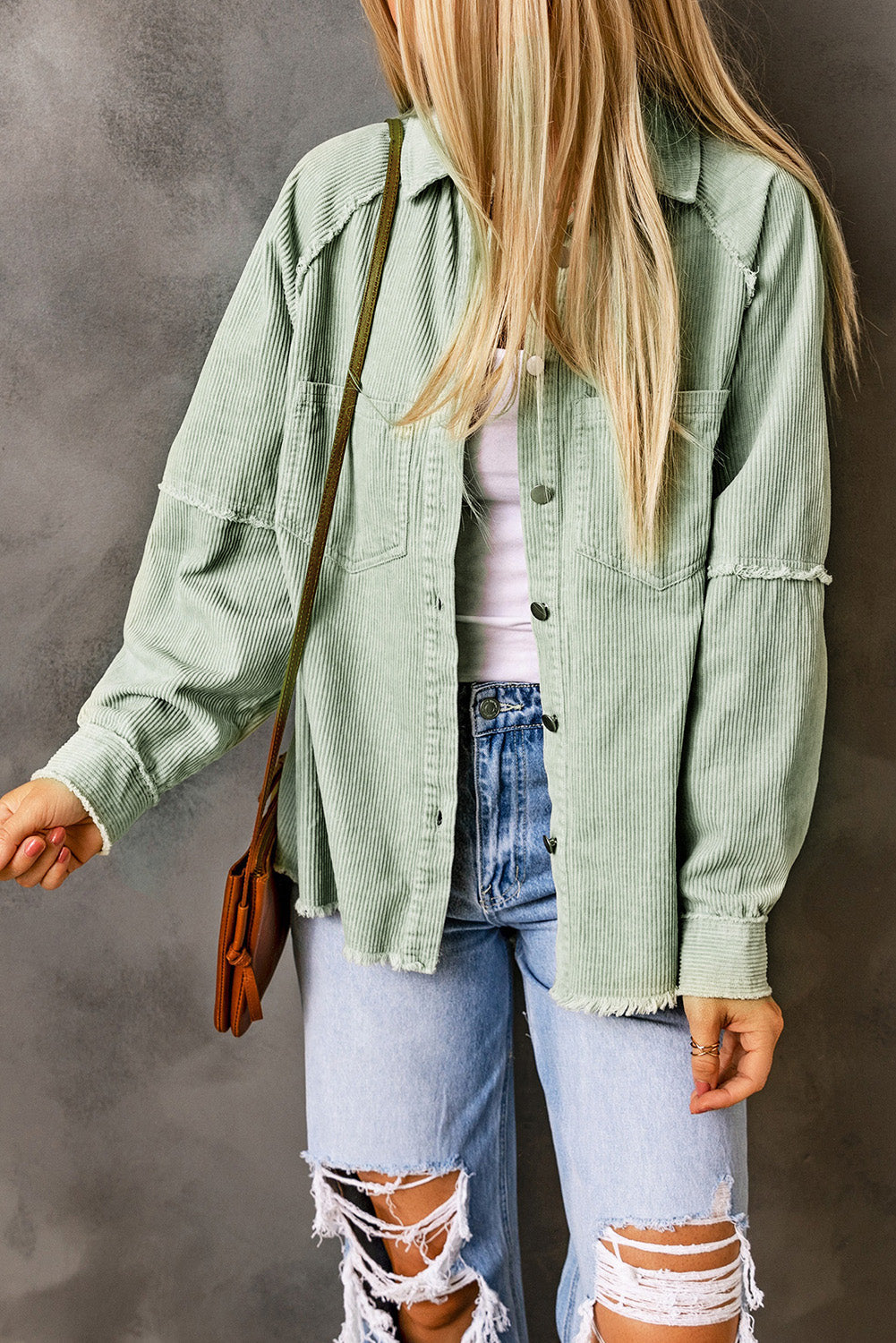 Green Frayed Boyfriend Corduroy Shacket