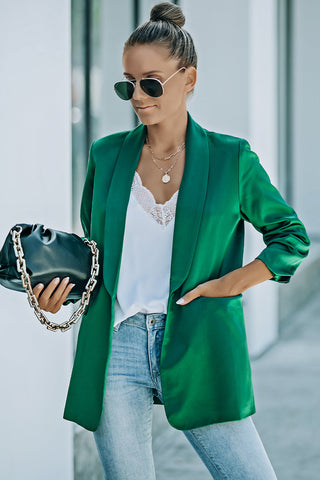 Green Lapel Collar Pocketed Satin Blazer