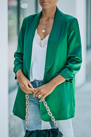 Green Lapel Collar Pocketed Satin Blazer