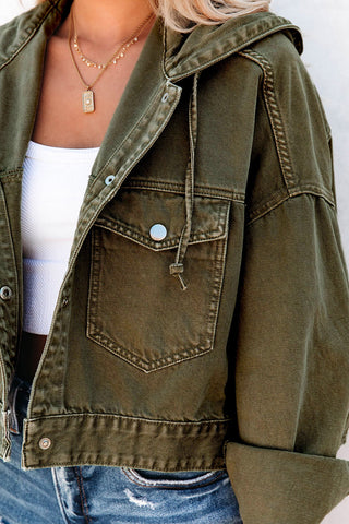 Green Large Pockets Hooded Cropped Denim Jacket