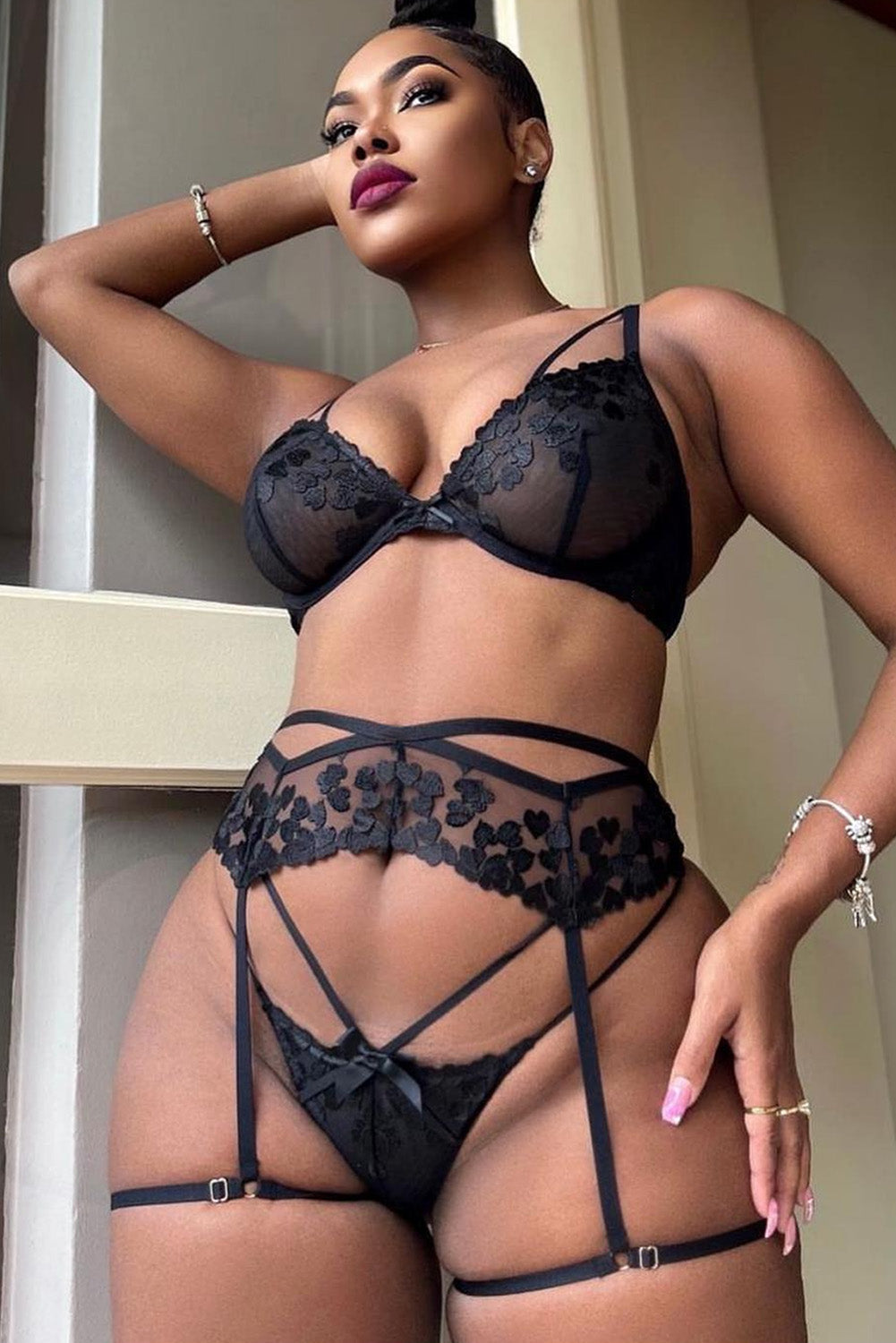 Heart Embroidered Mesh Strappy 3pcs Lingerie Set