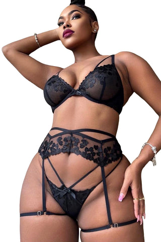 Heart Embroidered Mesh Strappy 3pcs Lingerie Set