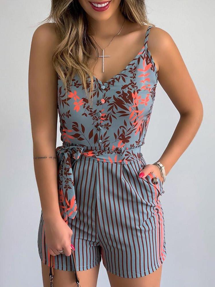 V-Neck Sling Leaf Print Lace-Up Jumpsuit