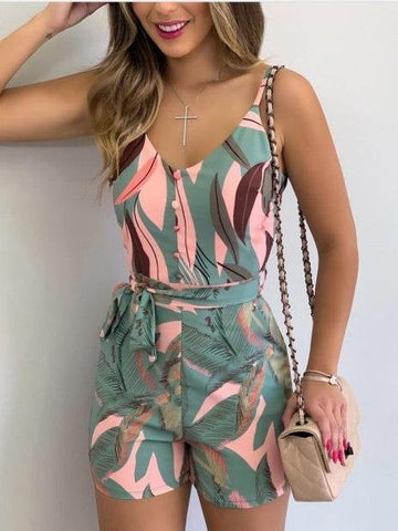 V-Neck Sling Leaf Print Lace-Up Jumpsuit