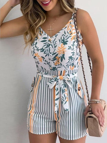 V-Neck Sling Leaf Print Lace-Up Jumpsuit