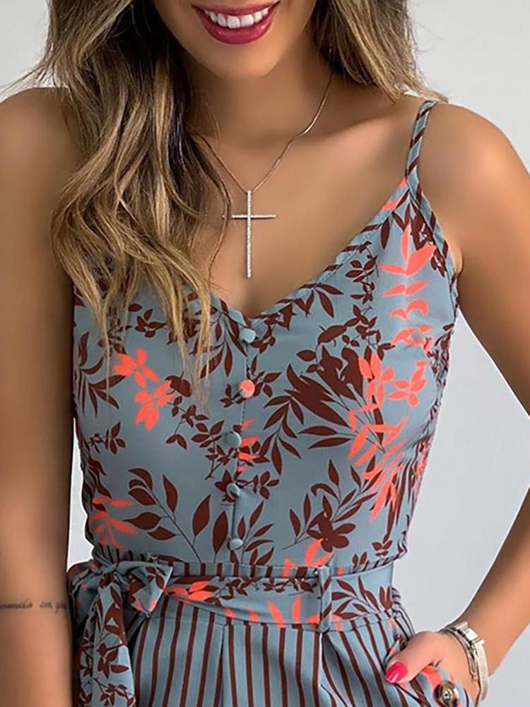 V-Neck Sling Leaf Print Lace-Up Jumpsuit